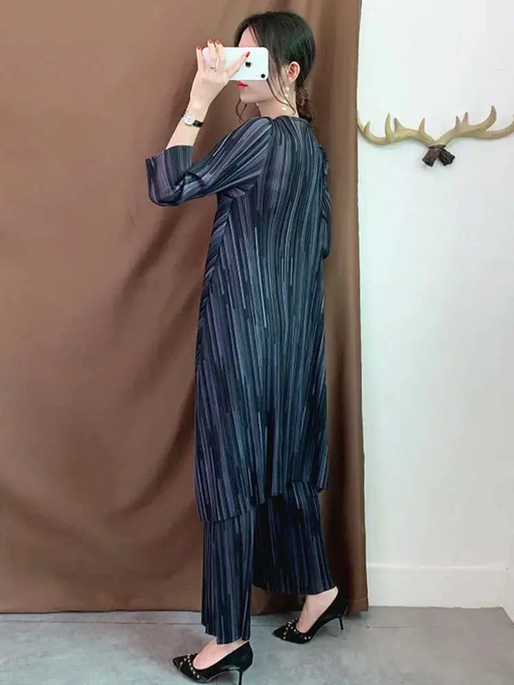 LANMREM Two Pieces Set 2024 Summer New Pleated Long Sleeve Shirt With Wide Legs Pants For Women Elegant Fold Clothing WJ263