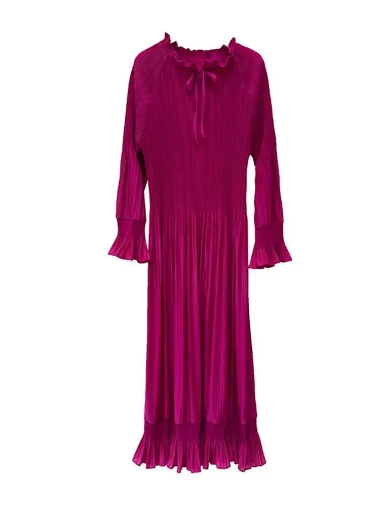 LANMREM Ruffle Edge Dress Women Long Sleeves Solid Color Pleated Maxi Dresses Female Festival Clothing 2025 Spring New 2DB1617