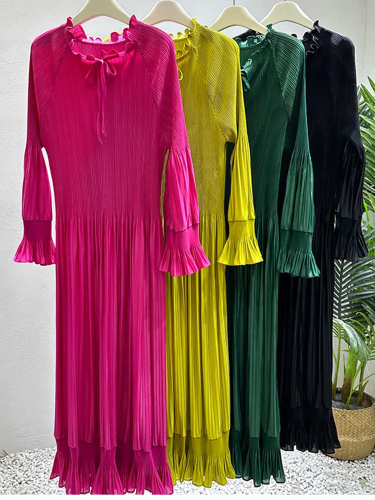 LANMREM Ruffle Edge Dress Women Long Sleeves Solid Color Pleated Maxi Dresses Female Festival Clothing 2025 Spring New 2DB1617