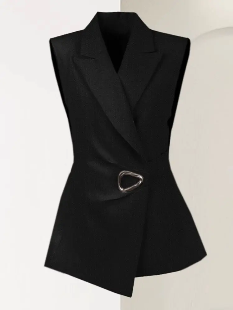 LANMREM Designer Blazer For Women Long Sleeves Black Color Gathered Waist Irregular Chic Jacket Coat Office Lady 2DB2132