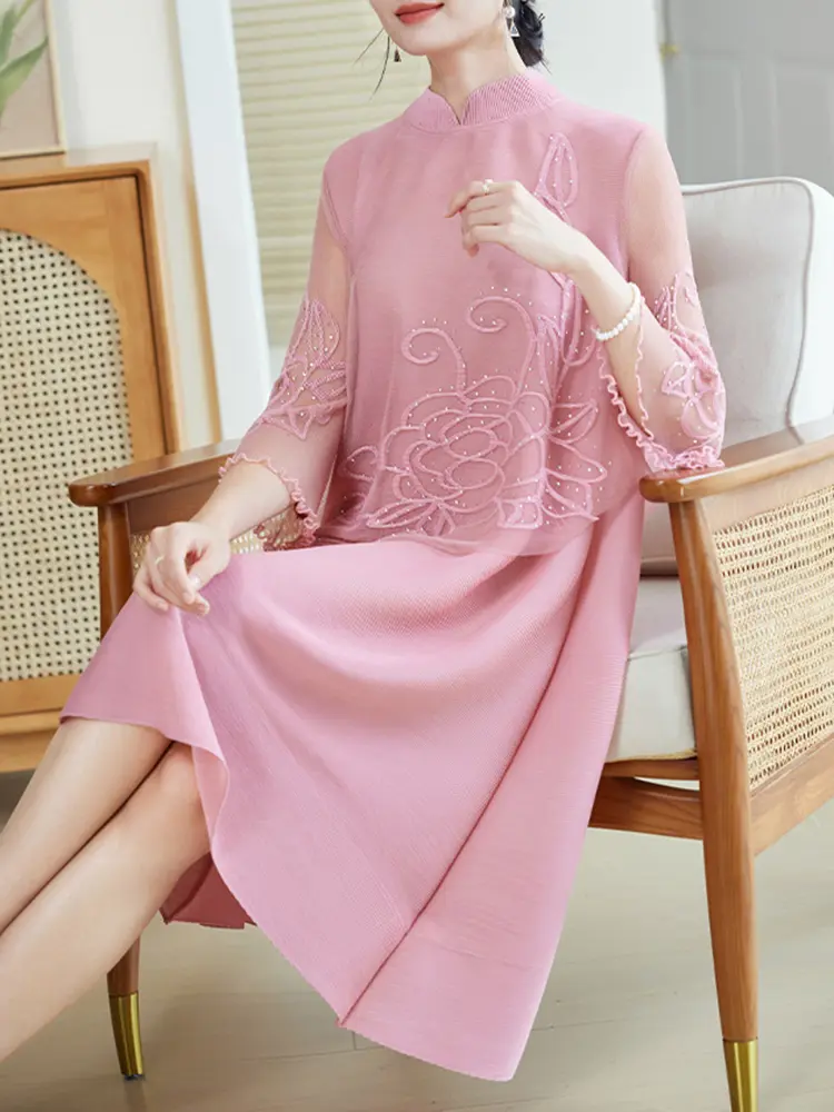 LANMREM Pleated Beading Dress Women Print Stand Collar A Line Gauze New 2025 Spring Elegant Lady Evening Party Dresses 17G9276
