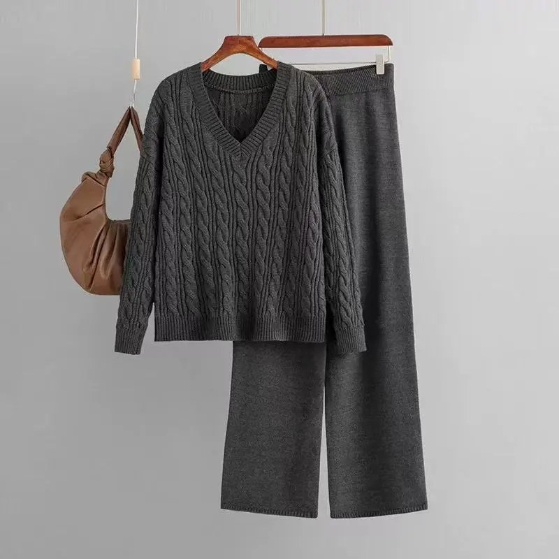 LANMREM Fashion Knitting Women's Clothing 2025 Autumn Winter New Two-Piece Set V-Neck Pullover Top And Wide-Leg Pants 2DB3686