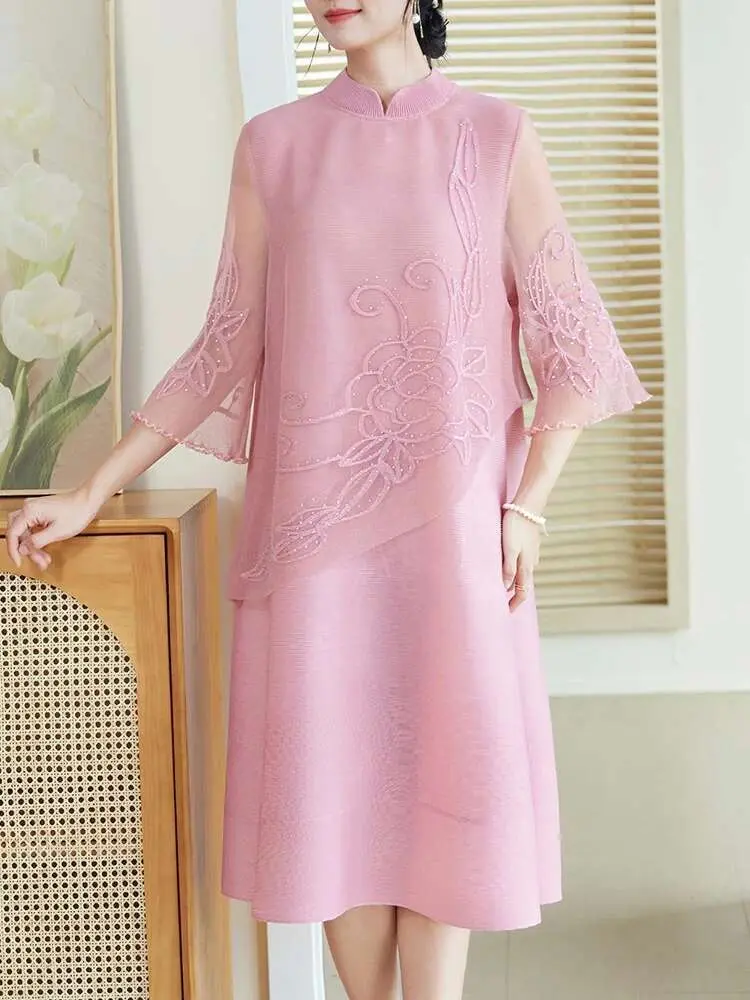 LANMREM Pleated Beading Dress Women Print Stand Collar A Line Gauze New 2025 Spring Elegant Lady Evening Party Dresses 17G9276