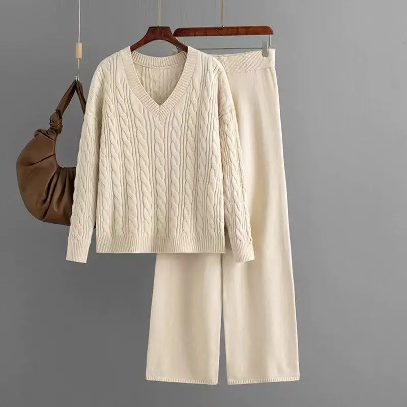 LANMREM Fashion Knitting Women's Clothing 2025 Autumn Winter New Two-Piece Set V-Neck Pullover Top And Wide-Leg Pants 2DB3686