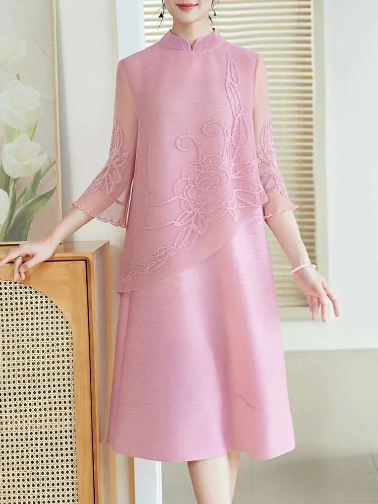LANMREM Pleated Beading Dress Women Print Stand Collar A Line Gauze New 2025 Spring Elegant Lady Evening Party Dresses 17G9276