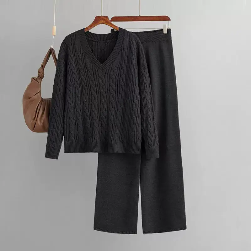 LANMREM Fashion Knitting Women's Clothing 2025 Autumn Winter New Two-Piece Set V-Neck Pullover Top And Wide-Leg Pants 2DB3686