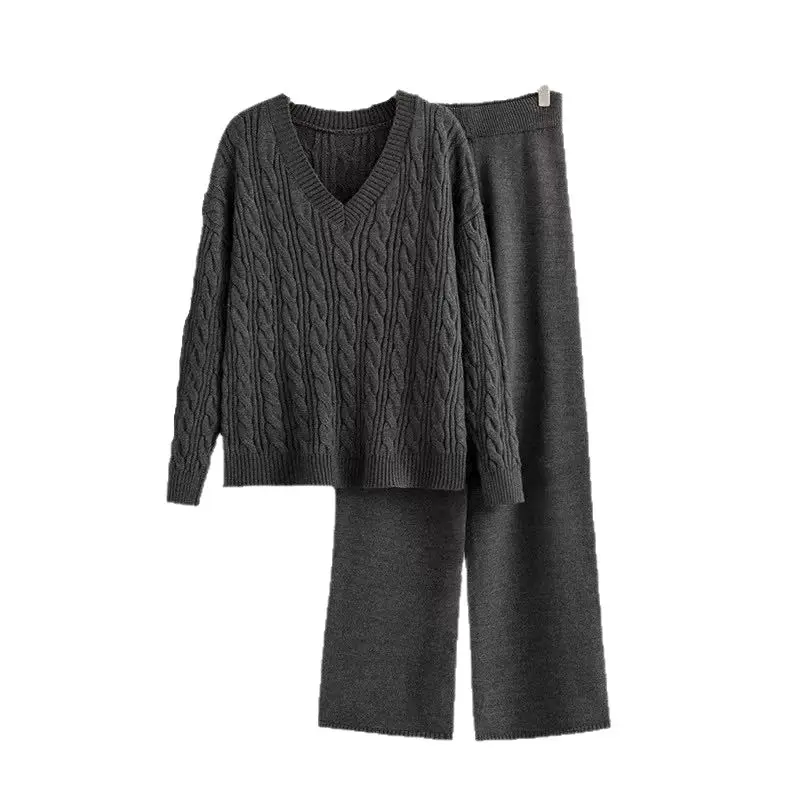 LANMREM Fashion Knitting Women's Clothing 2025 Autumn Winter New Two-Piece Set V-Neck Pullover Top And Wide-Leg Pants 2DB3686
