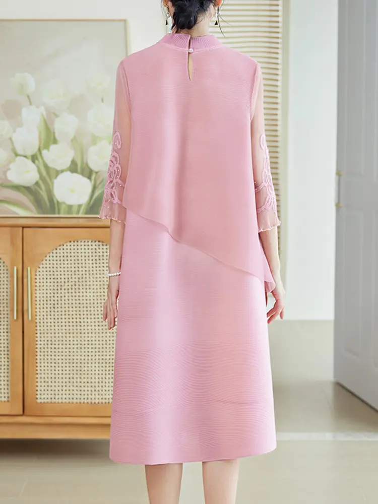 LANMREM Pleated Beading Dress Women Print Stand Collar A Line Gauze New 2025 Spring Elegant Lady Evening Party Dresses 17G9276