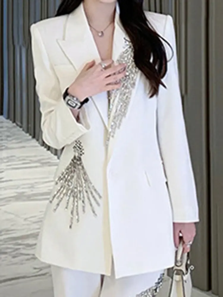LANMREM Elegant Women's Blazer Coat New Fashion Notched Single Breasted Beading Flares Design Office Lady Clothing 2DC1366