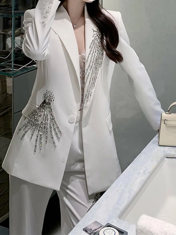 LANMREM Elegant Women's Blazer Coat New Fashion Notched Single Breasted Beading Flares Design Office Lady Clothing 2DC1366