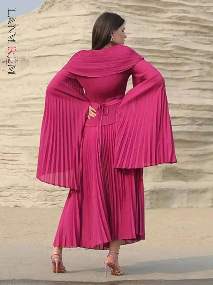 LANMREM 2 Pieces Pleated Set Women Slit Solid Color Flare Sleeves Top Elastic Waist Long Skirt Fashion Clothing 2025 New 2DA9800