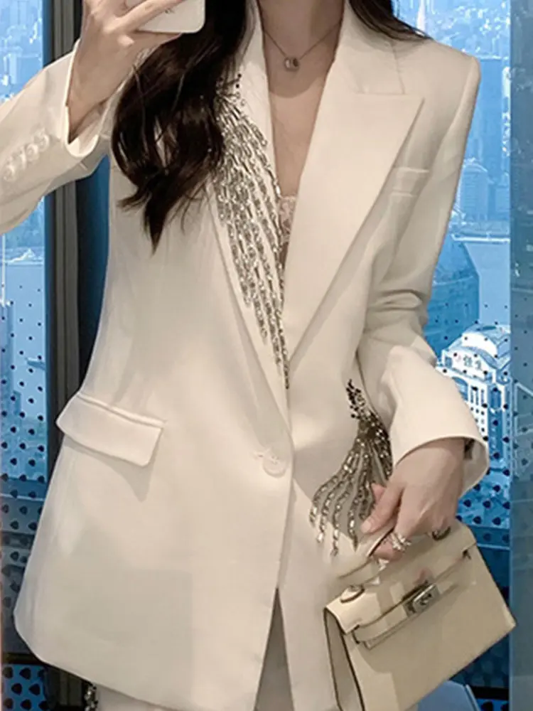 LANMREM Elegant Women's Blazer Coat New Fashion Notched Single Breasted Beading Flares Design Office Lady Clothing 2DC1366