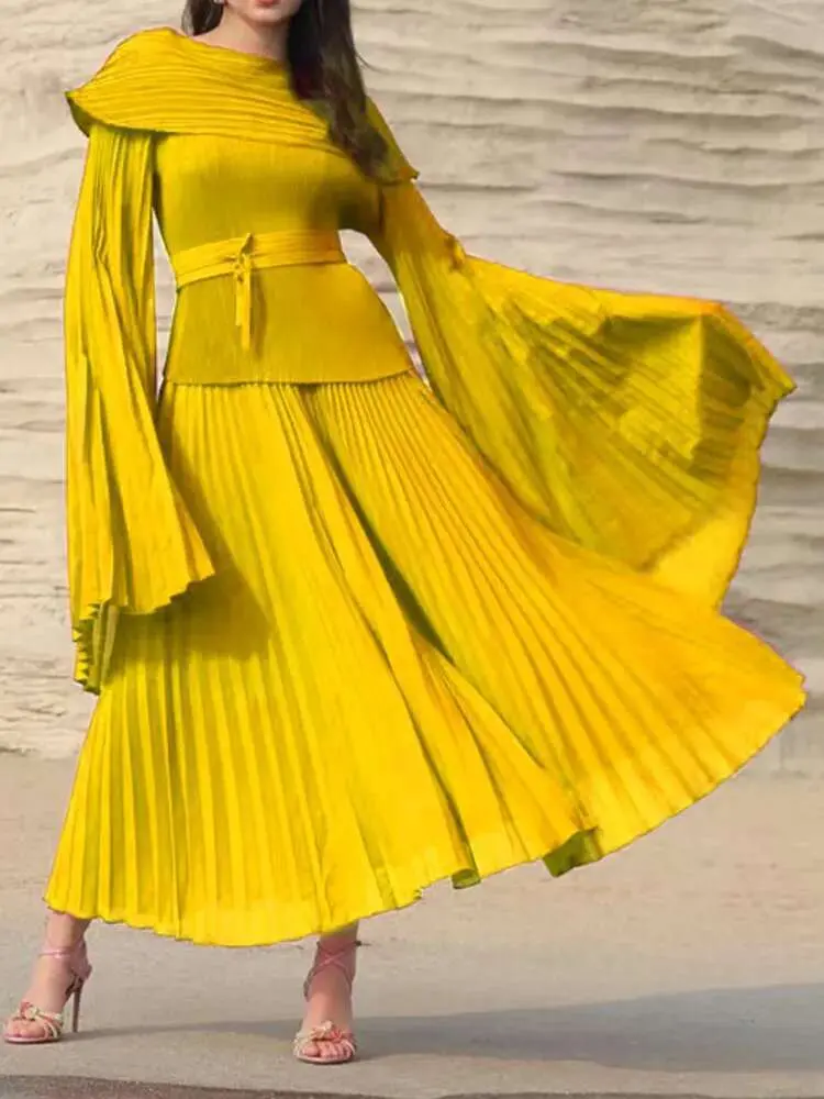 LANMREM 2 Pieces Pleated Set Women Slit Solid Color Flare Sleeves Top Elastic Waist Long Skirt Fashion Clothing 2025 New 2DA9800