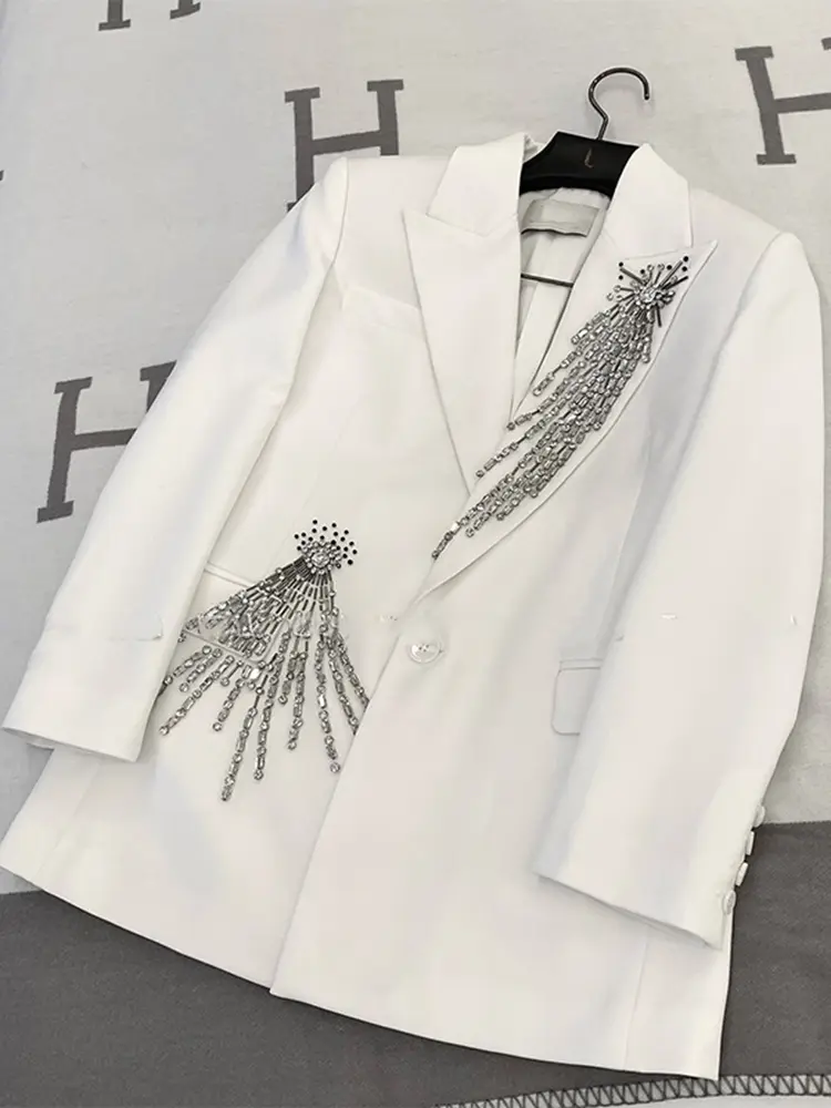 LANMREM Elegant Women's Blazer Coat New Fashion Notched Single Breasted Beading Flares Design Office Lady Clothing 2DC1366