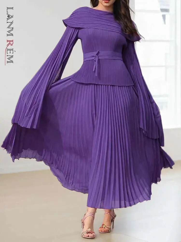 LANMREM 2 Pieces Pleated Set Women Slit Solid Color Flare Sleeves Top Elastic Waist Long Skirt Fashion Clothing 2025 New 2DA9800