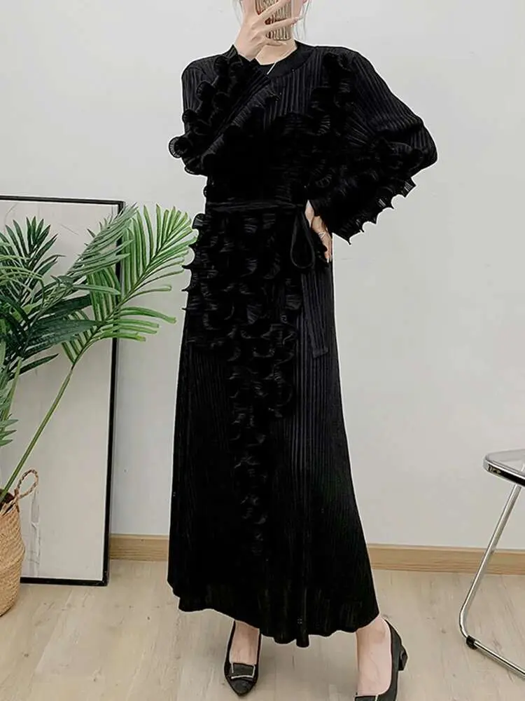 LANMREM Fashion Pleated Flounce Dress For Women O-neck Long Sleeves Lace-up Gathered Waist Dresses 2025 Spring New 2Z2540