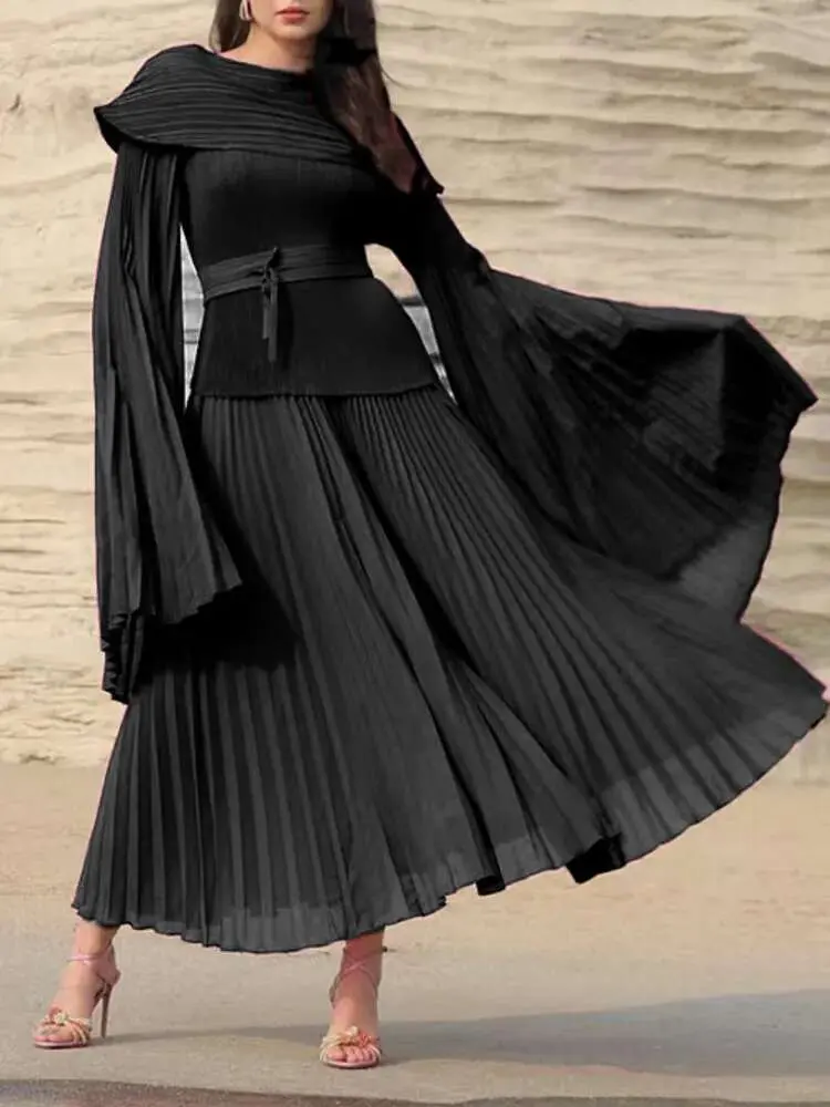 LANMREM 2 Pieces Pleated Set Women Slit Solid Color Flare Sleeves Top Elastic Waist Long Skirt Fashion Clothing 2025 New 2DA9800