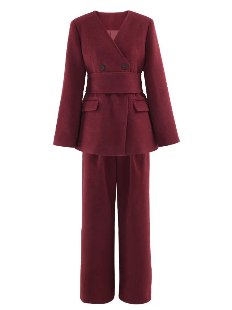 LANMREM 2 Pieces Sets For Women V Neck Double Breasted Belt Coat With Wide Leg Trousers Female Fashion Clothing New LM01108