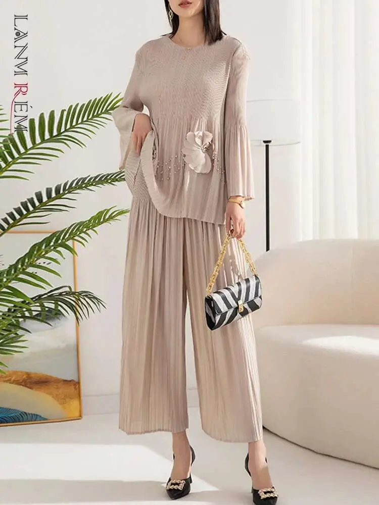 LANMREM Pleated 2 Pieces Set Women's Spliced Flower Round Neck Long Sleeves Tops High Waist Wide Leg Pants Female 2024 2YA1251