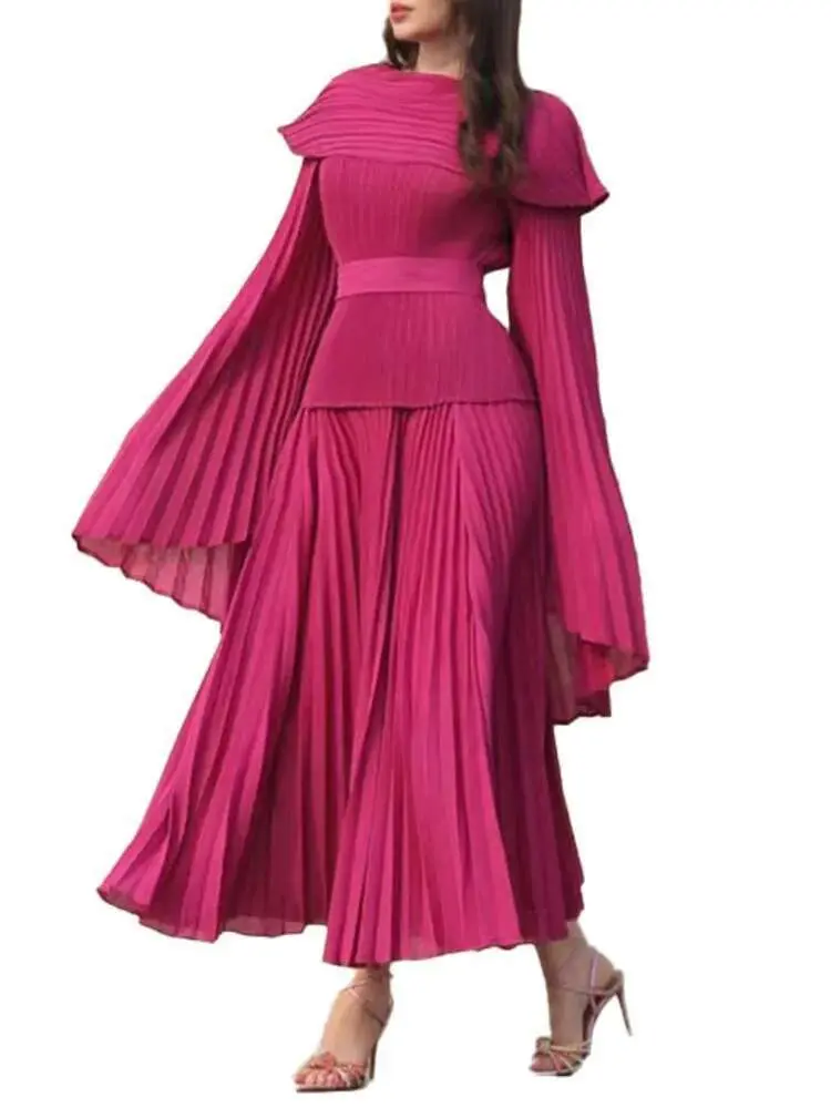 LANMREM 2 Pieces Pleated Set Women Slit Solid Color Flare Sleeves Top Elastic Waist Long Skirt Fashion Clothing 2025 New 2DA9800