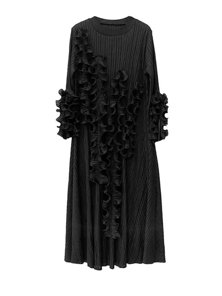LANMREM Fashion Pleated Flounce Dress For Women O-neck Long Sleeves Lace-up Gathered Waist Dresses 2025 Spring New 2Z2540