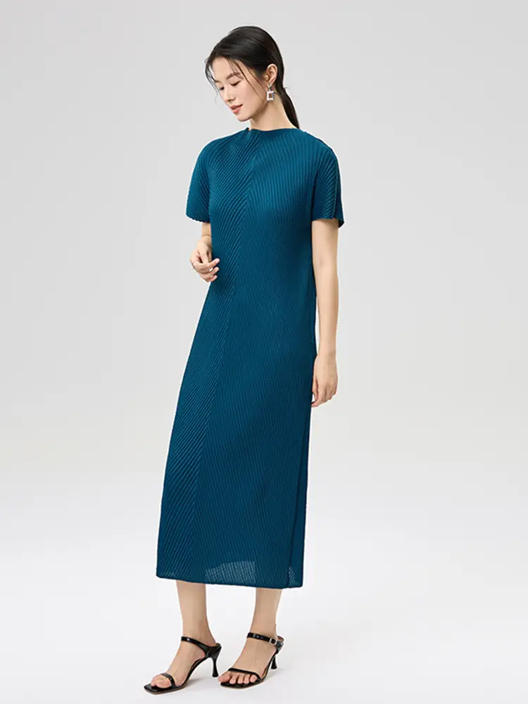 LANMREM Good Quality 2025 Summer New High-end Short Sleeved Women's Pleated Dress Loose Elaistc Slimming Casual Dresses 2DB3467
