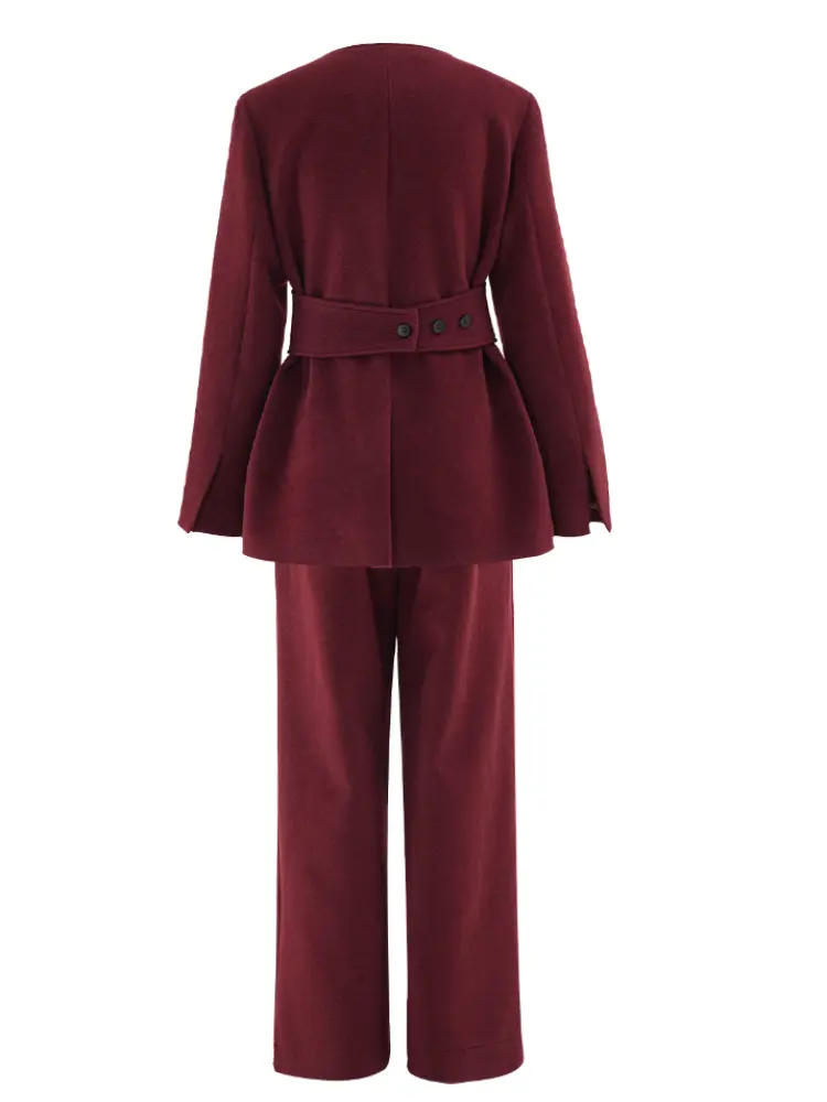 LANMREM 2 Pieces Sets For Women V Neck Double Breasted Belt Coat With Wide Leg Trousers Female Fashion Clothing New LM01108