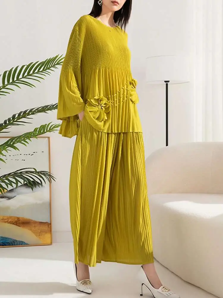 LANMREM Pleated 2 Pieces Set Women's Spliced Flower Round Neck Long Sleeves Tops High Waist Wide Leg Pants Female 2024 2YA1251