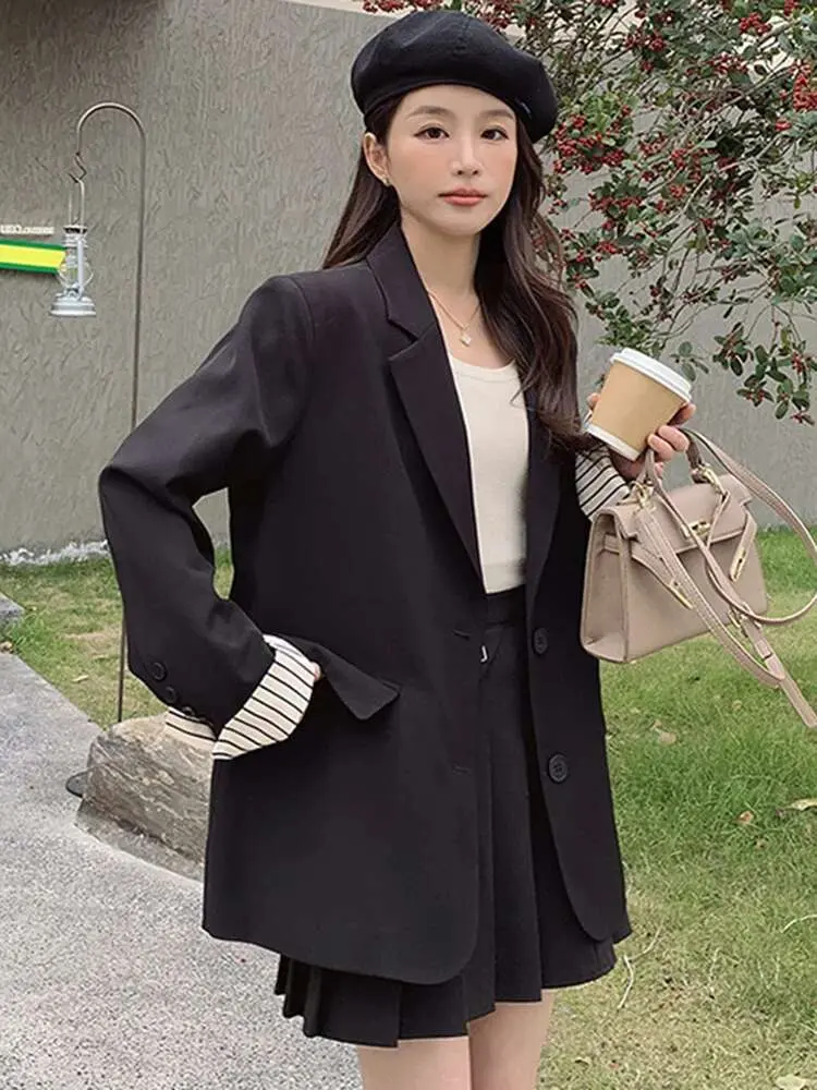 LANMREM Back Split Striped Spliced Design Blazers Women Fashion Notched Single Breasted Coat Streetwear 2025 Spring New 2AA1820