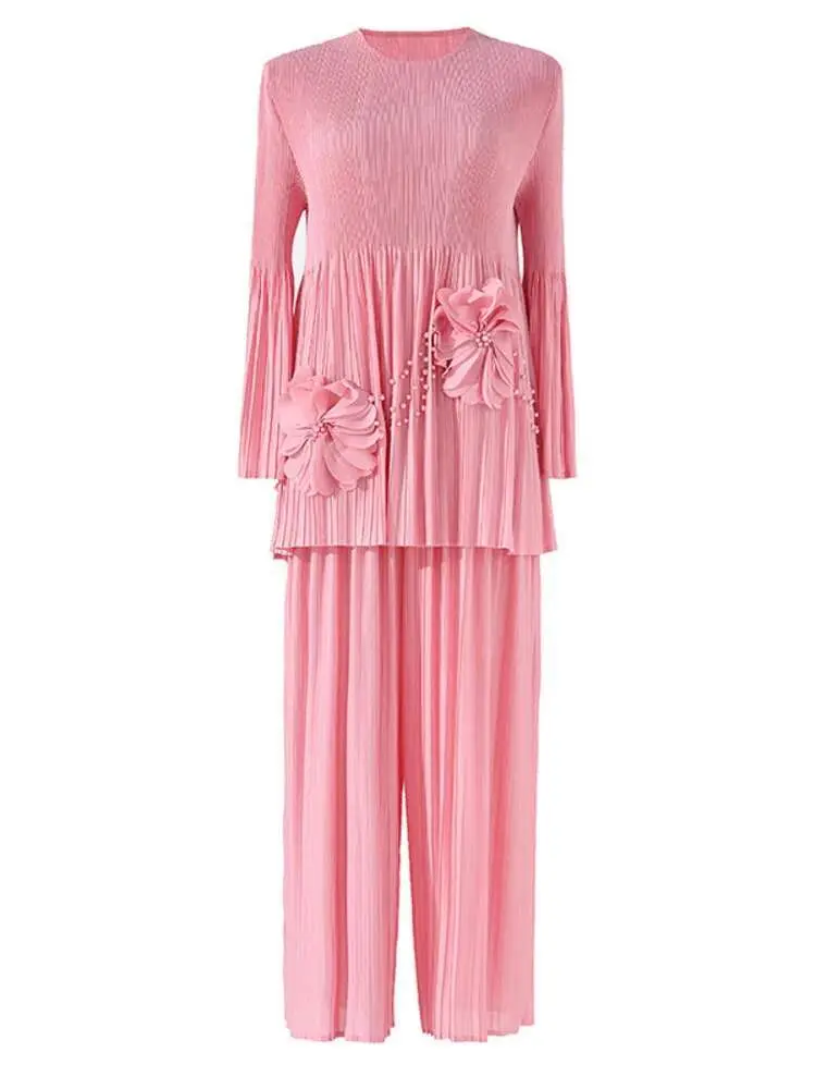 LANMREM Pleated 2 Pieces Set Women's Spliced Flower Round Neck Long Sleeves Tops High Waist Wide Leg Pants Female 2024 2YA1251