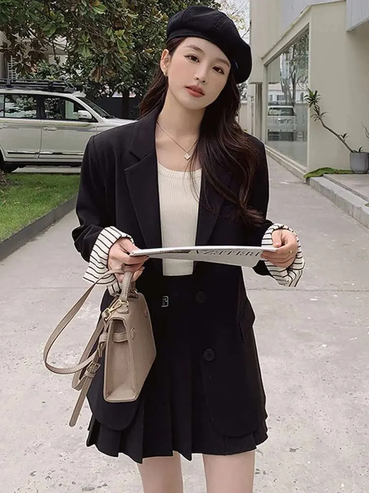 LANMREM Back Split Striped Spliced Design Blazers Women Fashion Notched Single Breasted Coat Streetwear 2025 Spring New 2AA1820