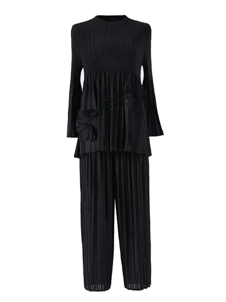 LANMREM Pleated 2 Pieces Set Women's Spliced Flower Round Neck Long Sleeves Tops High Waist Wide Leg Pants Female 2024 2YA1251