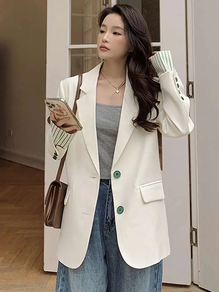 LANMREM Back Split Striped Spliced Design Blazers Women Fashion Notched Single Breasted Coat Streetwear 2025 Spring New 2AA1820