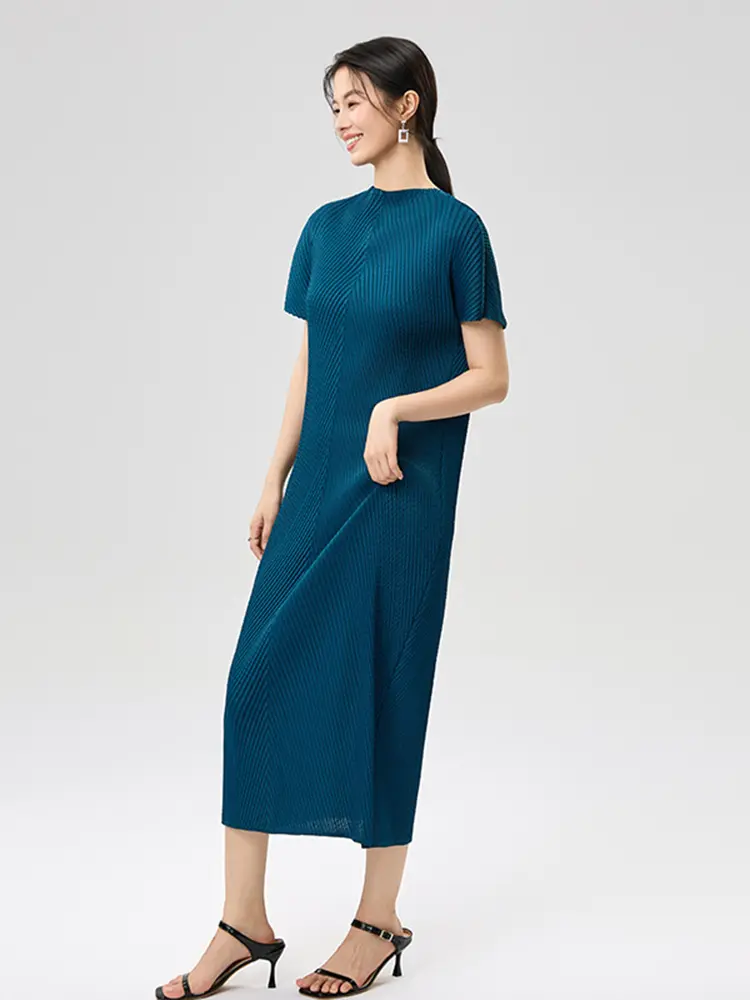 LANMREM Good Quality 2025 Summer New High-end Short Sleeved Women's Pleated Dress Loose Elaistc Slimming Casual Dresses 2DB3467