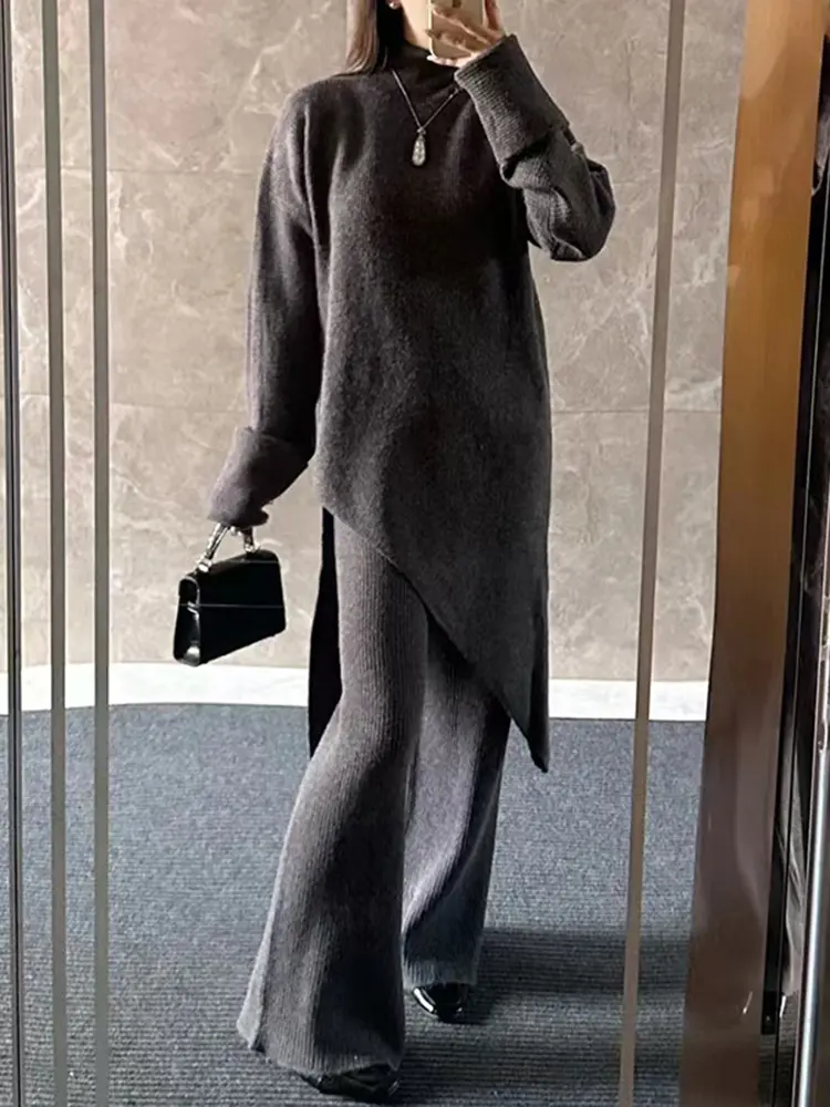 LANMREM High Collar High-end Temperament Knitted Suit Women's Casual Irregular Thick Sweater With Pants Two-piece Set 2DB1520