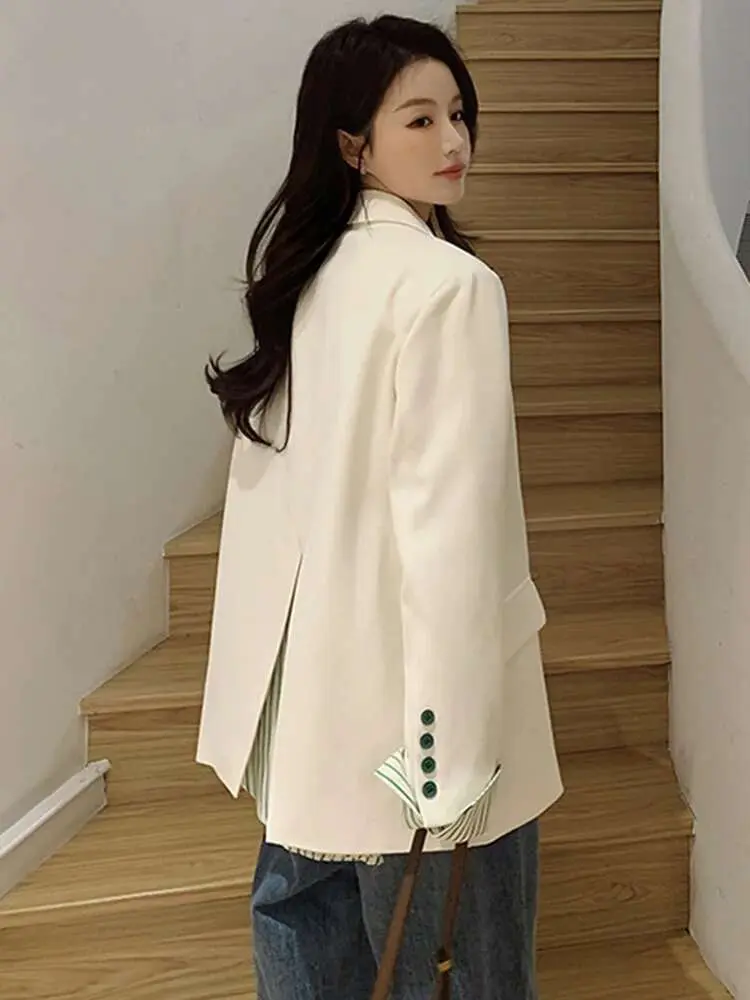 LANMREM Back Split Striped Spliced Design Blazers Women Fashion Notched Single Breasted Coat Streetwear 2025 Spring New 2AA1820
