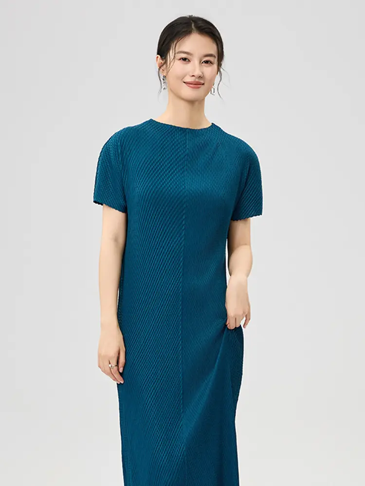 LANMREM Good Quality 2025 Summer New High-end Short Sleeved Women's Pleated Dress Loose Elaistc Slimming Casual Dresses 2DB3467