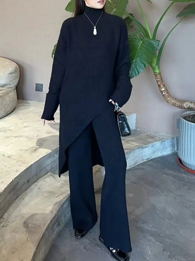 LANMREM High Collar High-end Temperament Knitted Suit Women's Casual Irregular Thick Sweater With Pants Two-piece Set 2DB1520