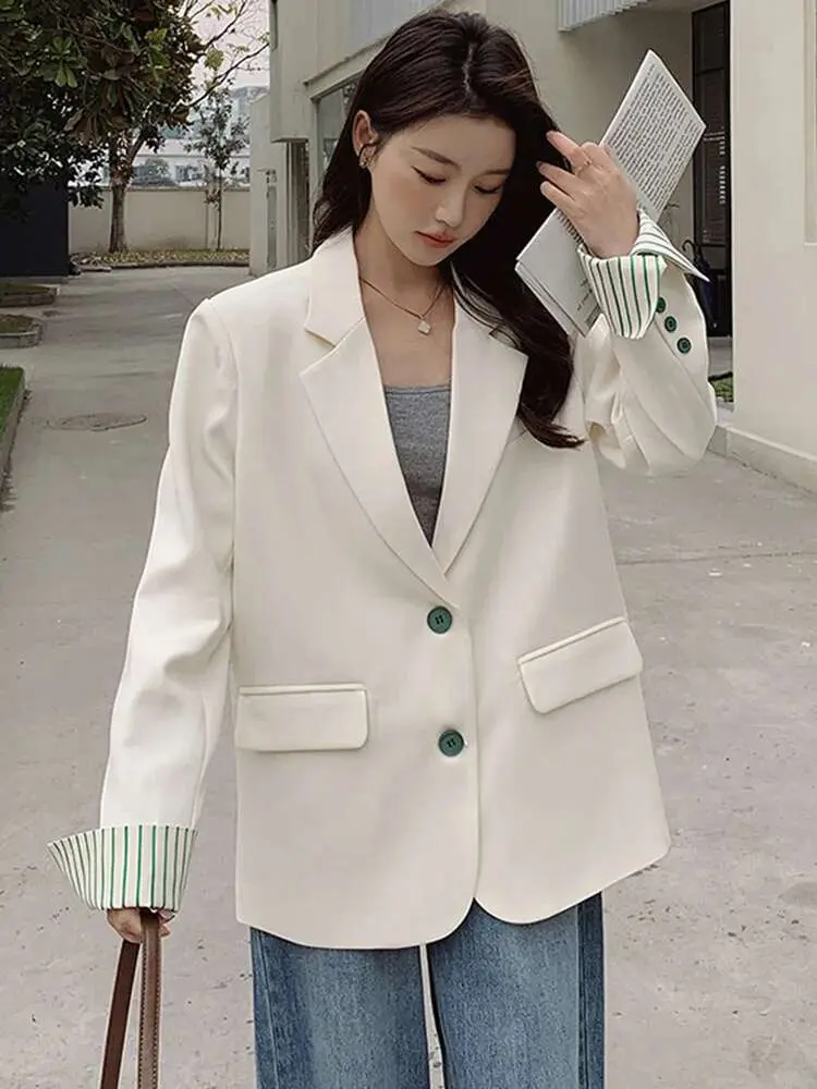 LANMREM Back Split Striped Spliced Design Blazers Women Fashion Notched Single Breasted Coat Streetwear 2025 Spring New 2AA1820