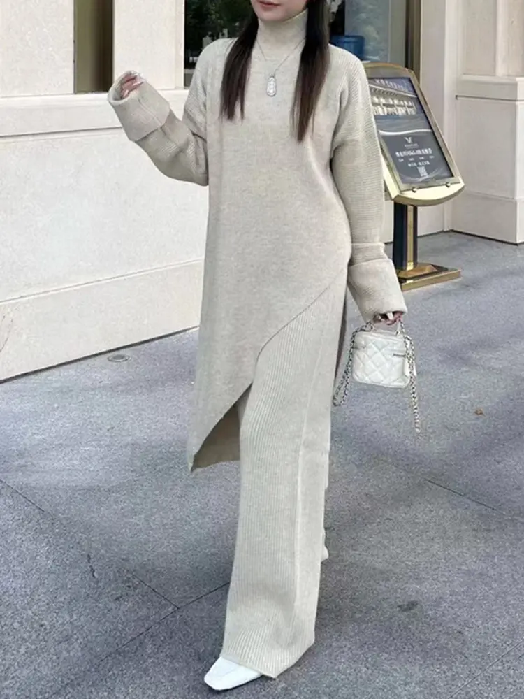 LANMREM High Collar High-end Temperament Knitted Suit Women's Casual Irregular Thick Sweater With Pants Two-piece Set 2DB1520