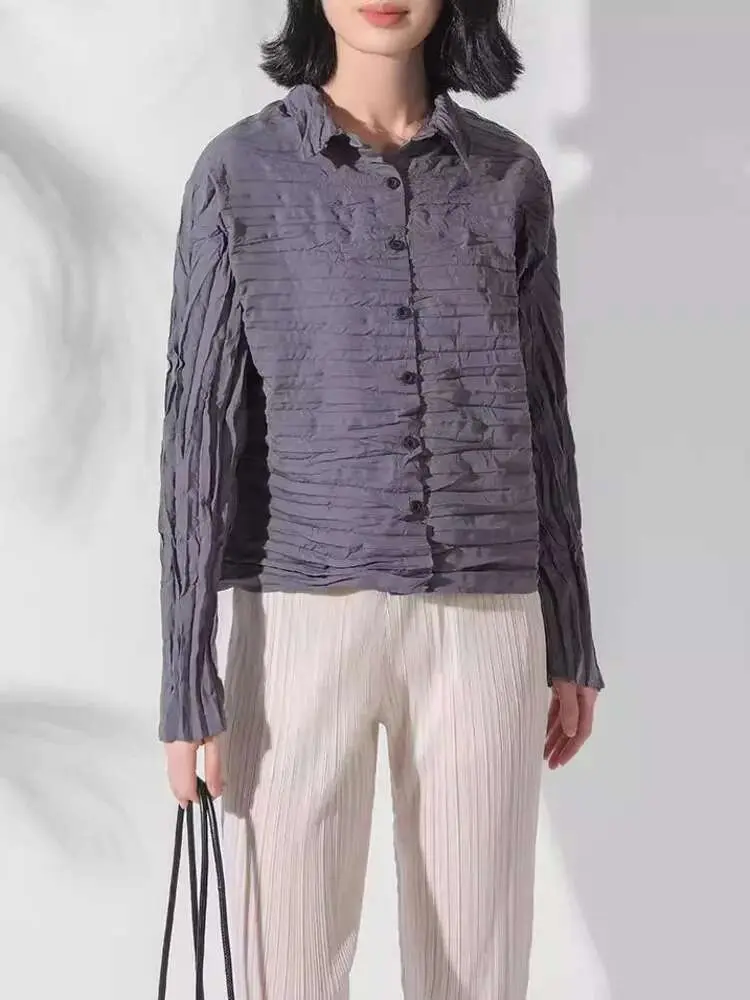 LANMREM Women's Fold Shirts 2025 Spring New Fashion Handmade Single Breasted Long Sleeved Pleated Top Clothing New 2DA9023