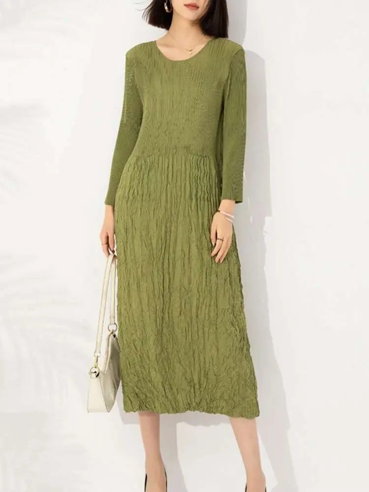 LANMREM Women's High End Pleated Dress Round Neck Long Sleeves Stitching Pockets Handmade Solid Color Long Dresses 2DA2226