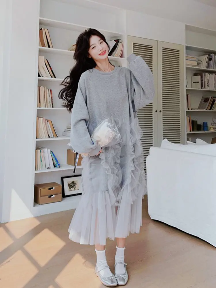 LANMREM Light Gray Long Sleeve Sweatshirts Style Dress Women's 2025 Autumn New Design Patchwork Mesh Princess Dresses 2DB2748