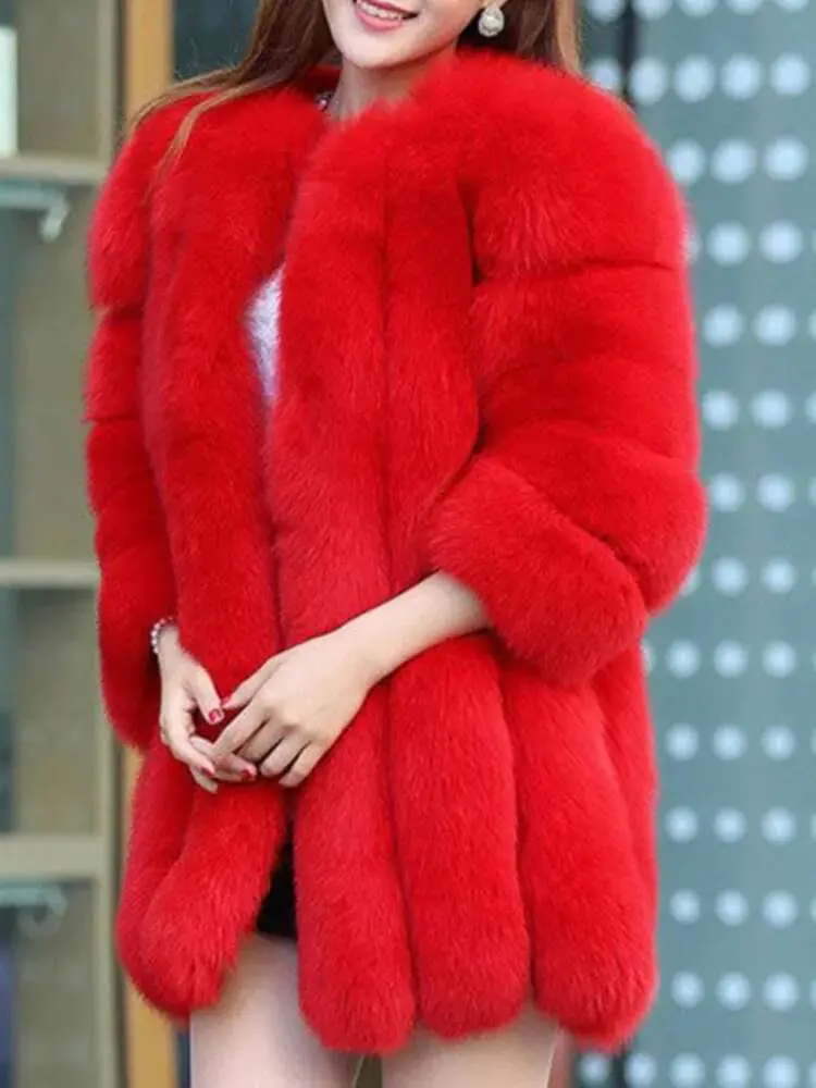 LANMREM 2024 Winter New Fox Fur Coat Women Warm Long Sleeve Solid Color Temperament Luxury Jacket Coat Female Fashion 2W999