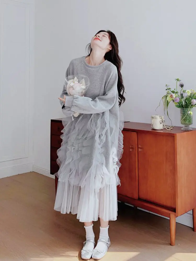 LANMREM Light Gray Long Sleeve Sweatshirts Style Dress Women's 2025 Autumn New Design Patchwork Mesh Princess Dresses 2DB2748