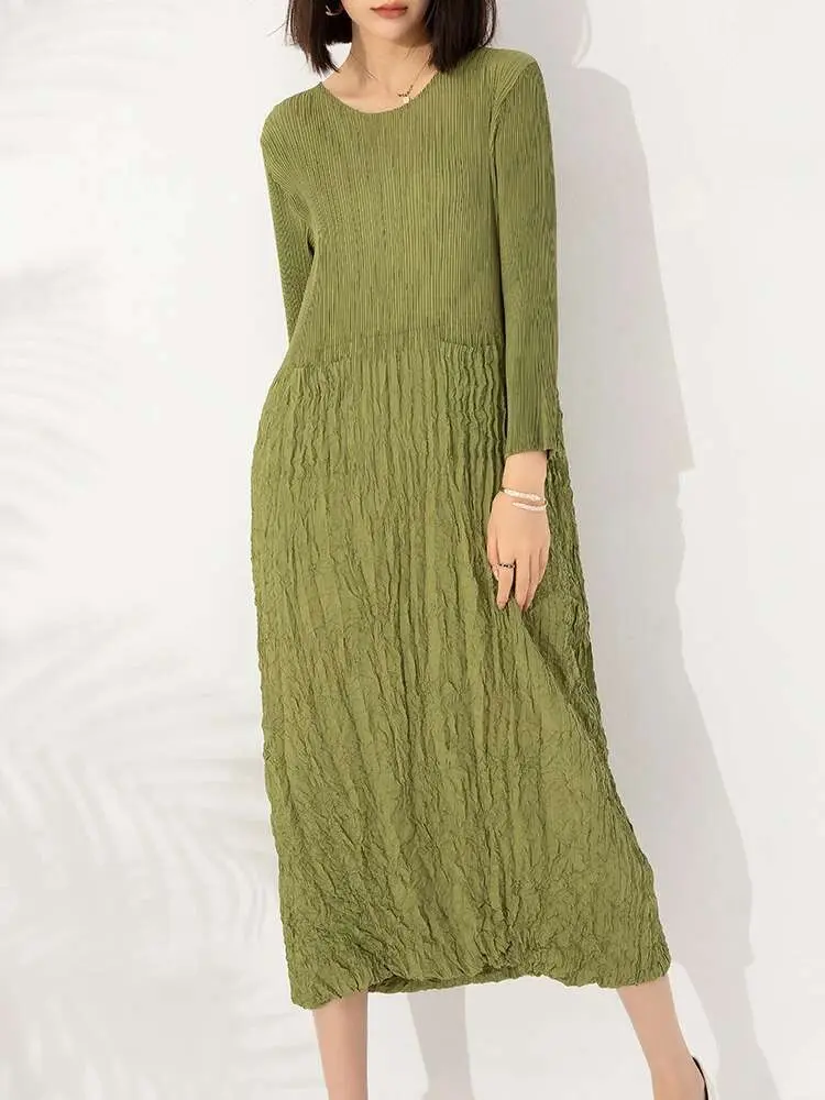 LANMREM Women's High End Pleated Dress Round Neck Long Sleeves Stitching Pockets Handmade Solid Color Long Dresses 2DA2226