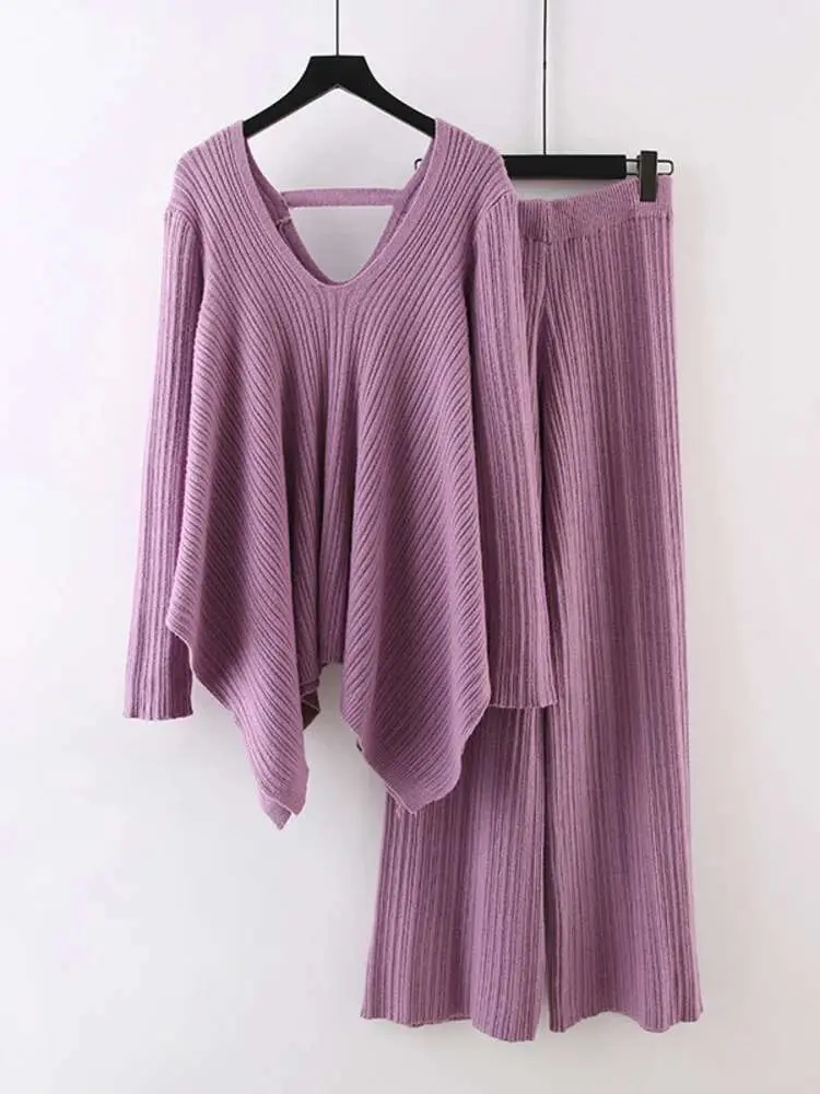 LANMREM Irregular Knitted 2pieces Set Women's V-neck Backless Long Sleeves Solid Sweater High Waist Wide Leg Trousers New 32D602