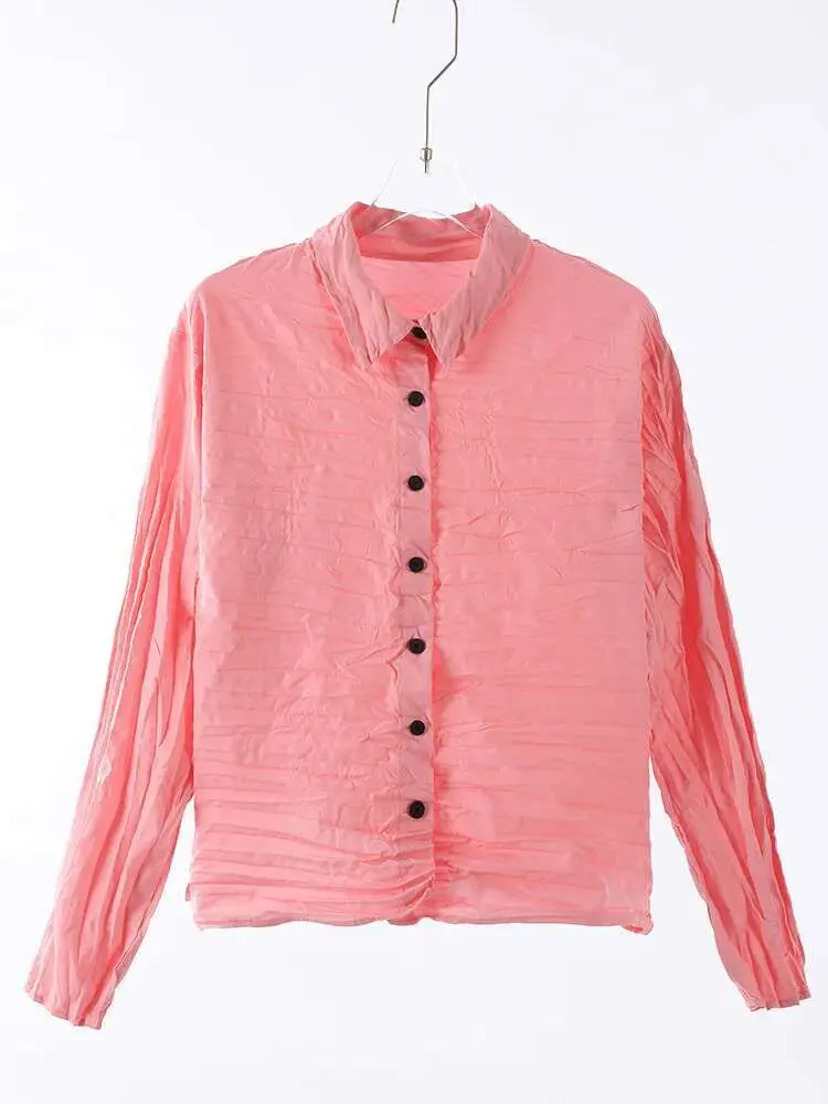 LANMREM Women's Fold Shirts 2025 Spring New Fashion Handmade Single Breasted Long Sleeved Pleated Top Clothing New 2DA9023