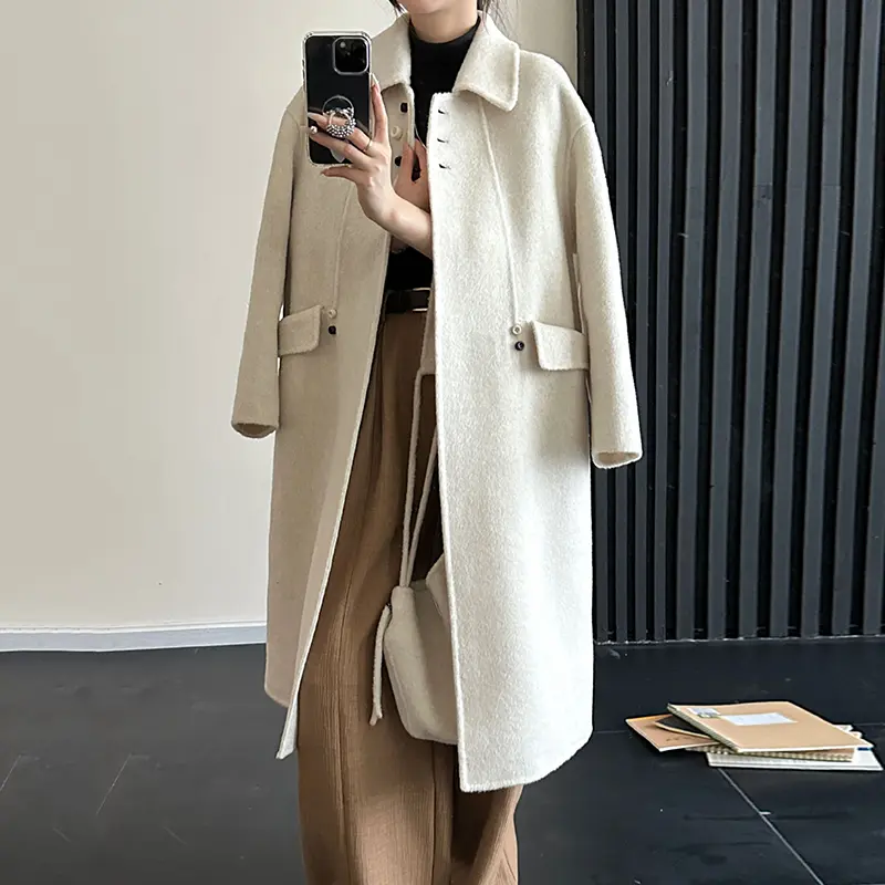 LANMREM Beige High Uqality Women's Wool Coat Lapel Single-Breasted Long Sleeves Drop Shoulde Autumn Winter Warm Clothing 2DB4138