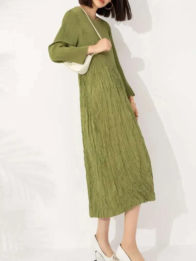 LANMREM Women's High End Pleated Dress Round Neck Long Sleeves Stitching Pockets Handmade Solid Color Long Dresses 2DA2226